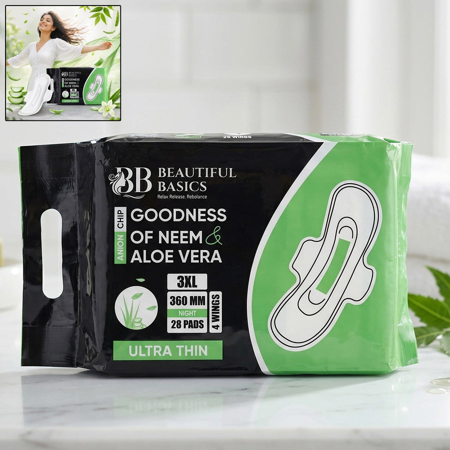 Beautiful Basics Neem & Aloe Vera Sanitary Pads 3XL 360mm Night (28 Pads)