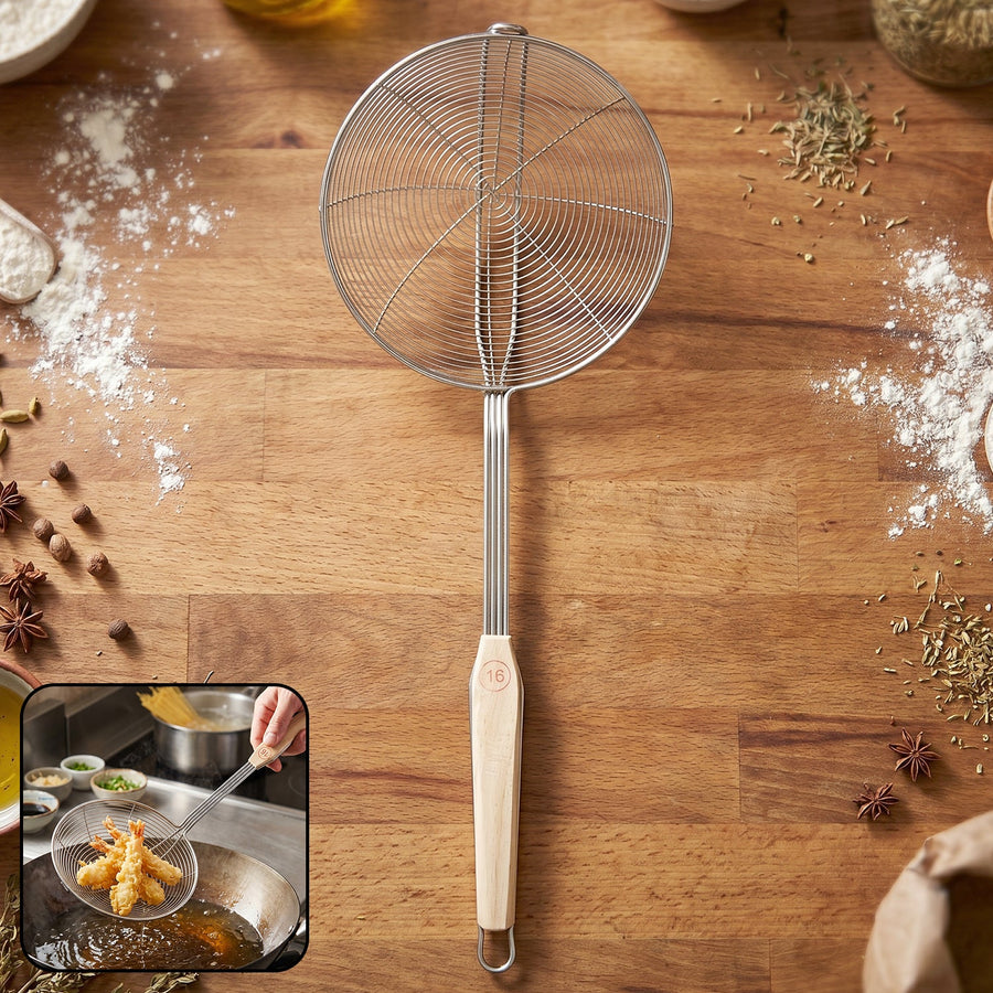 Stainless Steel Frying Skimmer Strainer with Wooden Handle (1 Pc, 45 Cm)