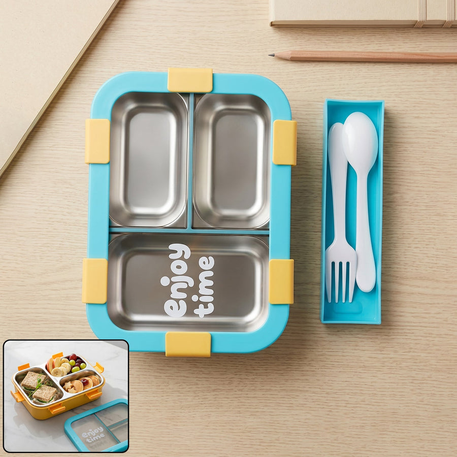 Airtight 3 Compartment Stainless Steel Lunch Box with Spoon & Fork – 600ml